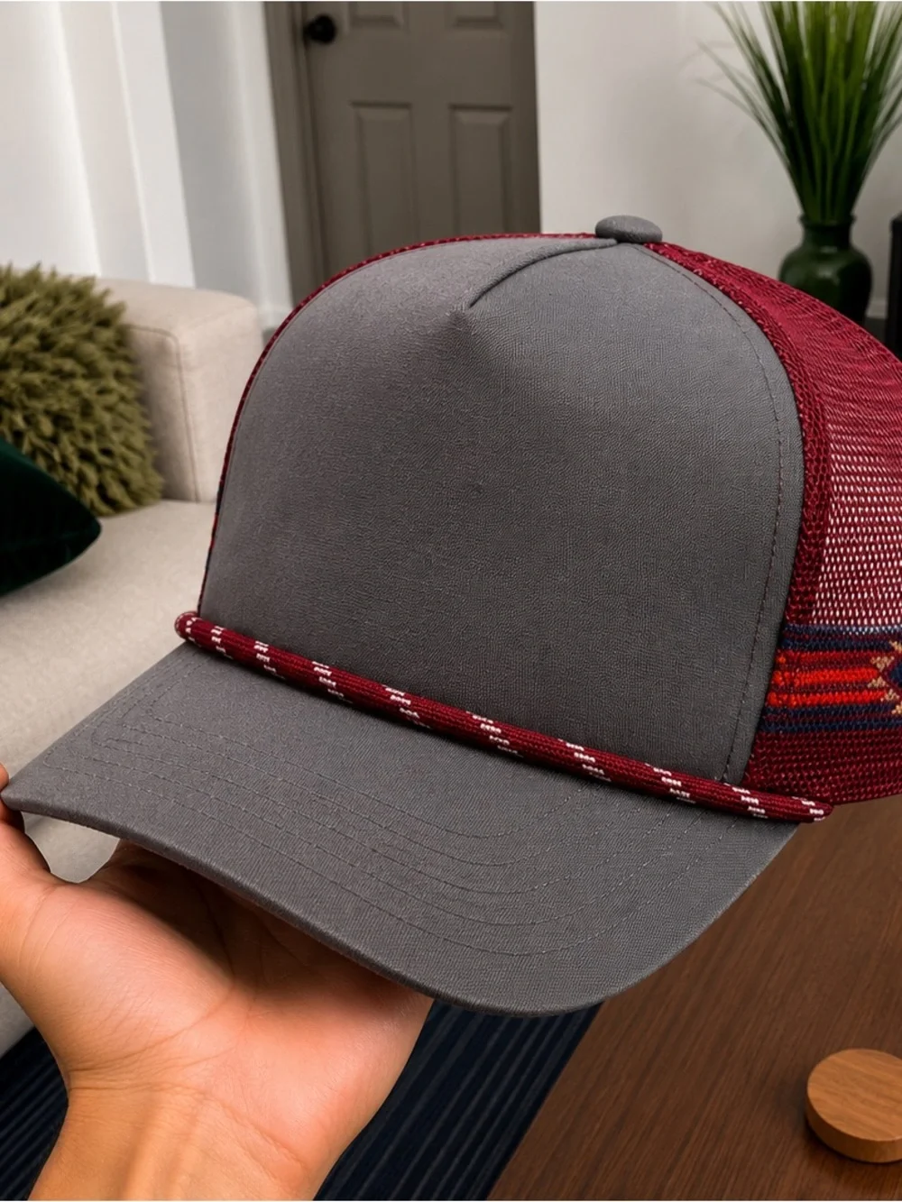 Gray & Burgundy Rope-Detail Trucker Hat